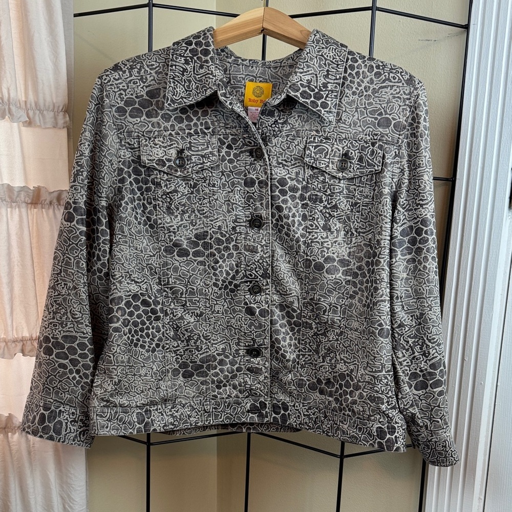 Ruby Rd Women's 3/4 Sleeve Button Up Jacket Reptile Animal Print Size 16 - Picture 1 of 10